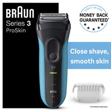 Braun electric shaver in black and blue with foil head and protective cap