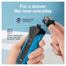 Electric shaver with hands holding it, showing replace every 18 months