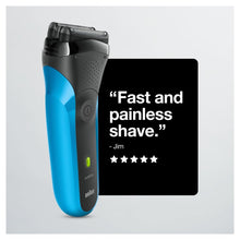 Black and blue electric shaver standing upright