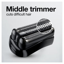 Electric shaver with middle trimmer for cutting difficult hair