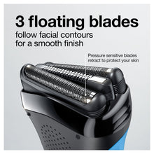 Electric shaver head with three floating blades for smooth facial contouring