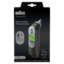 Braun ThermoScan 7 black ear thermometer shown in retail box with digital display