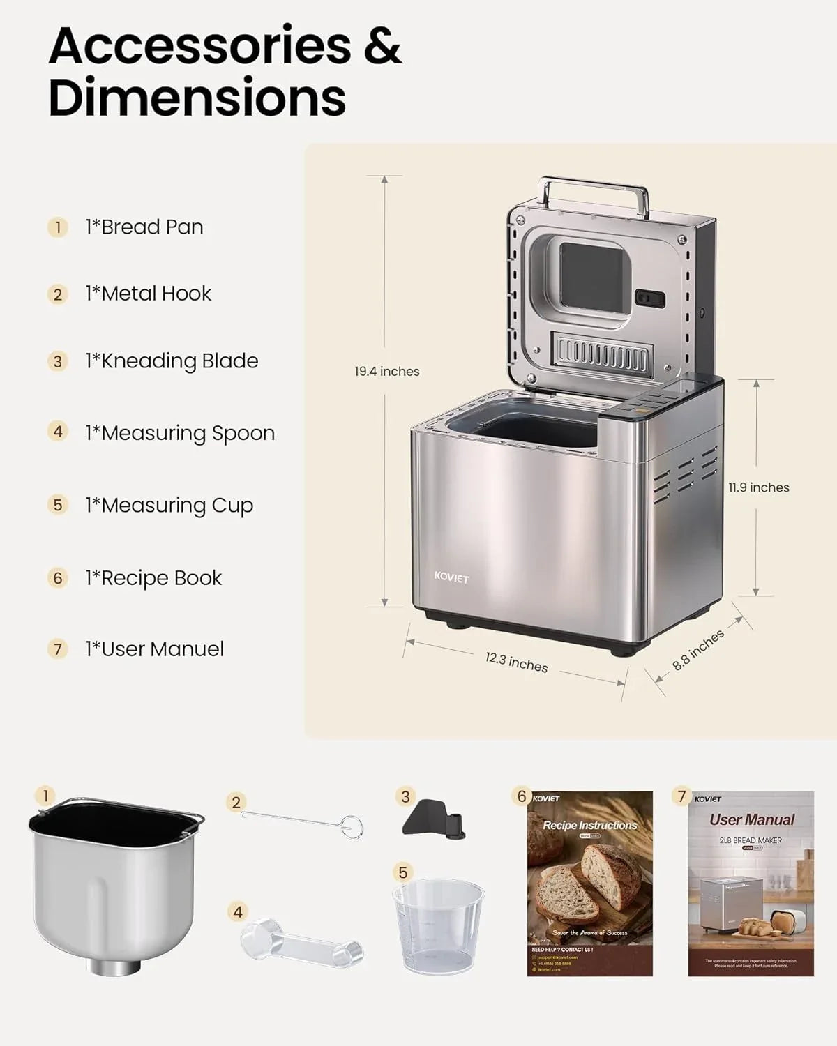 25-in-1 Bread Maker Machine with Automatic Dual Dispenser, 2LB Stainless Steel Breadmaker with Gluten-Free, Dough, Jam, Yogurt etc Settings, Silver