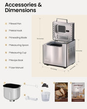 Bread maker accessories and dimensions chart: bread pan, hook, blade, measuring tools