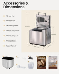 25-in-1 Bread Maker Machine with Automatic Dual Dispenser, 2LB Stainless Steel Breadmaker with Gluten-Free, Dough, Jam, Yogurt etc Settings, Silver