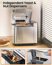 Open stainless bread maker with yeast and nut dispenser compartments