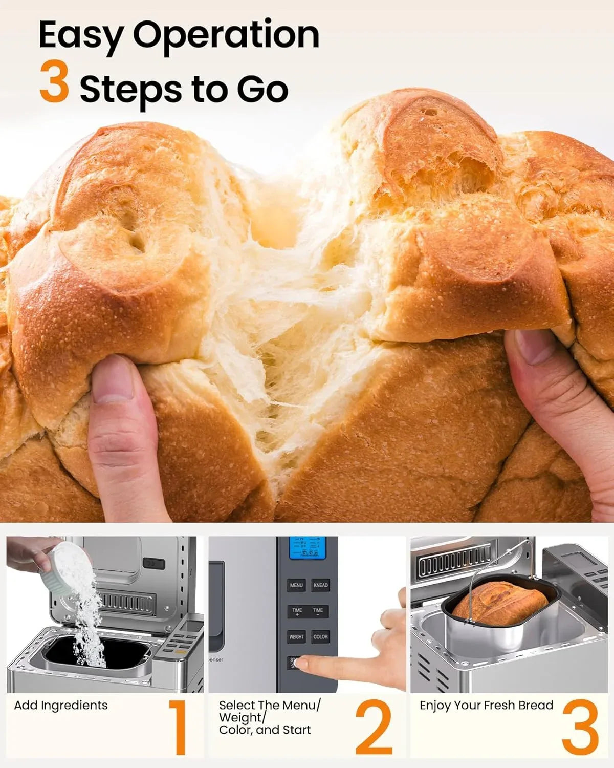 25-in-1 Bread Maker Machine with Automatic Dual Dispenser, 2LB Stainless Steel Breadmaker with Gluten-Free, Dough, Jam, Yogurt etc Settings, Silver