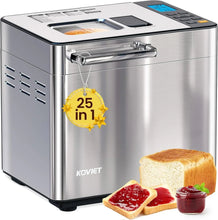 Stainless steel bread maker with viewing window and control panel, pan door open