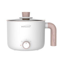 White electric hot pot cooker with clear glass lid, wood side handle, front temperature dial.