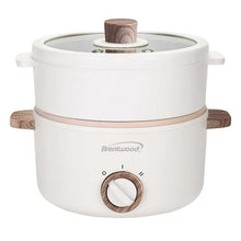 White electric hot pot cooker with lid and wood-look steam vent knob