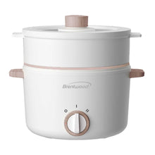 White electric hot pot cooker with removable lid, wood-tone side handles