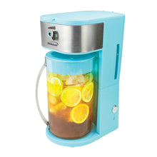Teal iced coffee and tea maker with stainless lid and citrus-filled pitcher