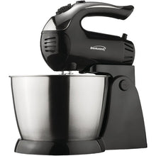 Black stand mixer with stainless steel bowl and beater attachment, front view