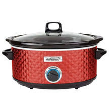 Red slow cooker with glass lid and diamond-texture body, black base and side handles.