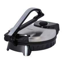 Electric tortilla press with stainless steel top, black flip handle, nonstick heating plate