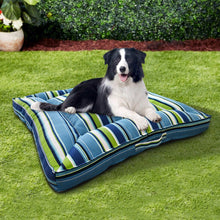 Rectangular striped pet bed with teal, green, and navy blue cushion and raised edges