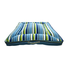 Rectangular striped pet bed with teal and green striped cover and navy base