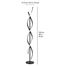 Vortex floor lamp with three-oval spiral design; size diagram with height markings