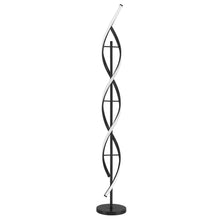 Vortex floor lamp with black spiral rings and white interior panels, tall black base
