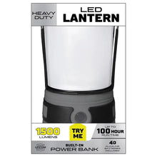 LED lantern front label showing 1500 lumens and built-in power bank