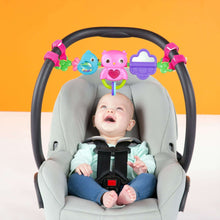Baby carrier with colorful hanging bird toys and lighted music bar