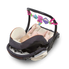 Baby carrier with hanging bird toys attached to the musical toy bar
