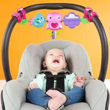 Baby carrier with overhead toy bar and dangling colorful bird figures