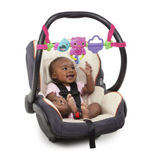 Baby carrier with musical activity toy bar and dangling bird toys on the frame