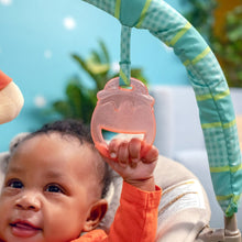 Baby bouncer toy ring with translucent honey pot handle, held by an infant