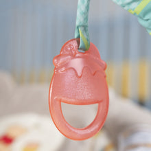 Honey pot teether toy with dangling clip, attached to bouncer play frame