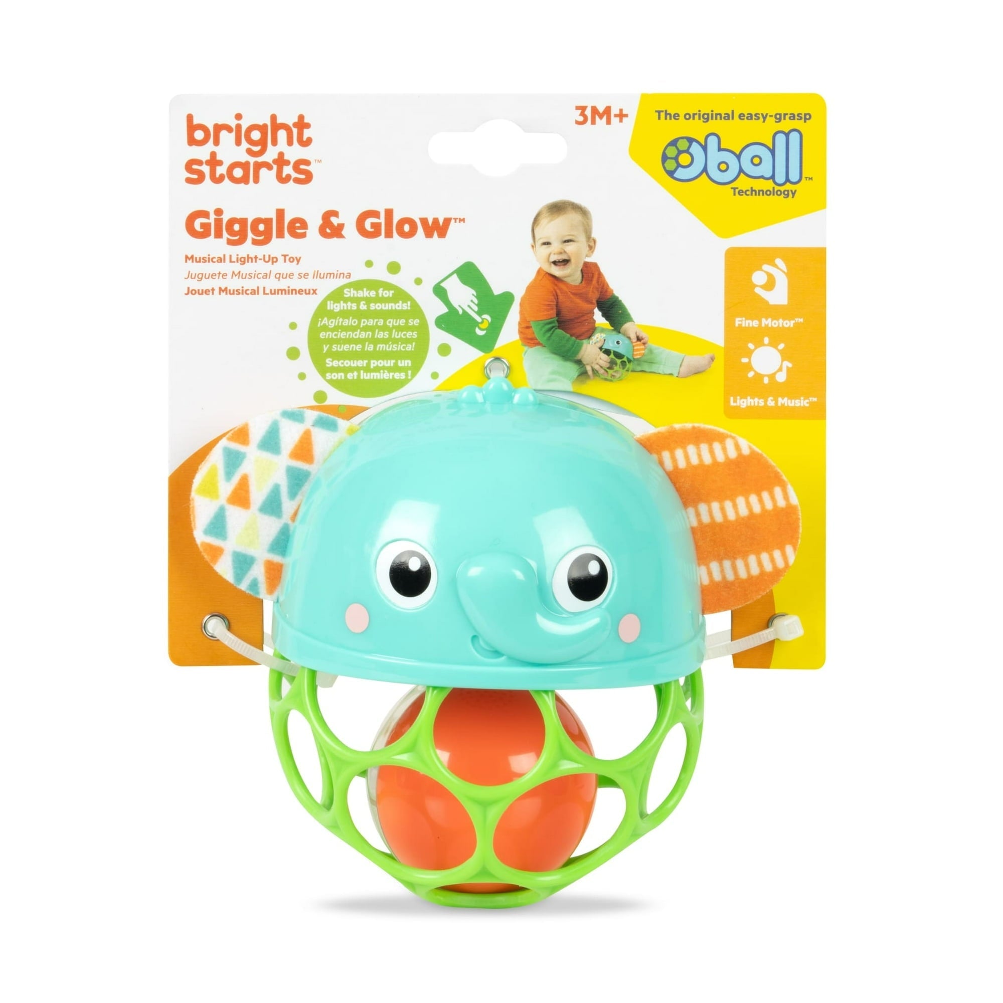 Bright Starts Giggle & Glow Light-Up Rattle Elephant Toy, Multicolor, Newborn Ages 3 Months +