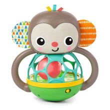 Monkey multi-sensory infant toy with plush face, teal ball cage, and green base
