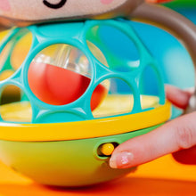 Close-up of teal ball cage and orange inner sphere on a monkey multi-sensory toy