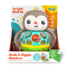 Monkey multi-sensory infant toy with plush face, teal ball cage, and green base in box