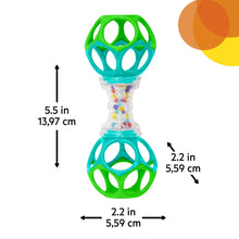 Colorful ring rattle ball with bead chamber, 5.5 in tall