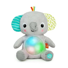 Gray plush elephant baby soother with glowing light belly and soft fabric ears