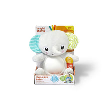Gray plush elephant baby soother toy shown in retail box