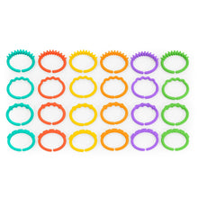 Interlocking link toy set with colorful loop rings in teal, orange, yellow, purple, and green
