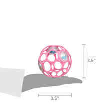 Pink ball rattle toy with open lattice, shown with size markers (3.5 in)