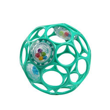 Teal baby rattle toy with clear ball segments and bead rattle insert