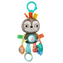 Sloth take-along activity toy with hanging rings and colorful textured straps