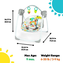 Baby swing with hanging toys, white seat, and gray frame
