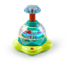 Press & glow spinner baby toy with glowing blue dome and lime base