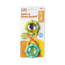 Boxed baby barbell rattle toy with green and teal shaker ends and yellow-orange handle
