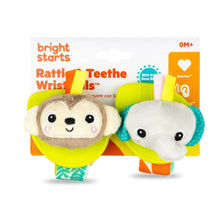 Retail box showing Bright Starts rattle and teethe wrist pals with monkey and elephant