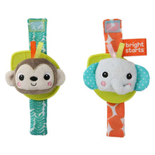 Two plush wrist rattle teethers with monkey and elephant faces on green straps