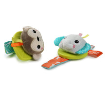 Two plush animal wrist rattle teethers with gray monkey and elephant faces on green straps