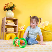 Monkey roll-and-glow baby toy with orange character and green glowing rolling rings