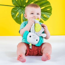 Elephant plush teether with textured gray head and green teething rings
