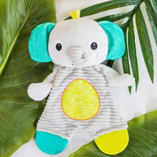 Elephant plush teether with teal ears, textured teal feet, yellow belly patch